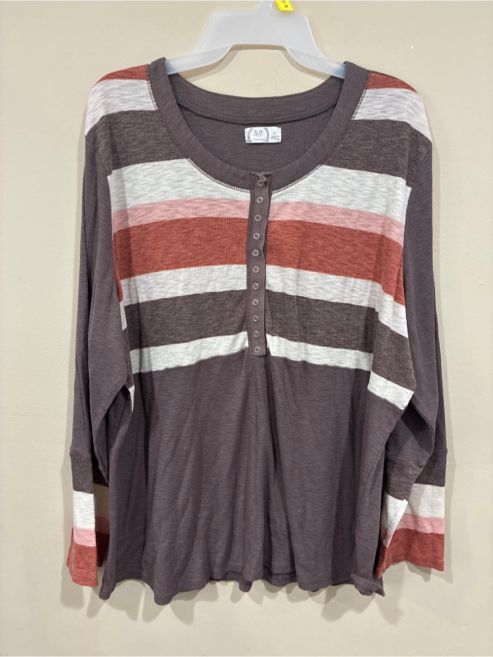 Maurices Striped Henley Long Sleeve Top in Mauve, Rust, and Cream